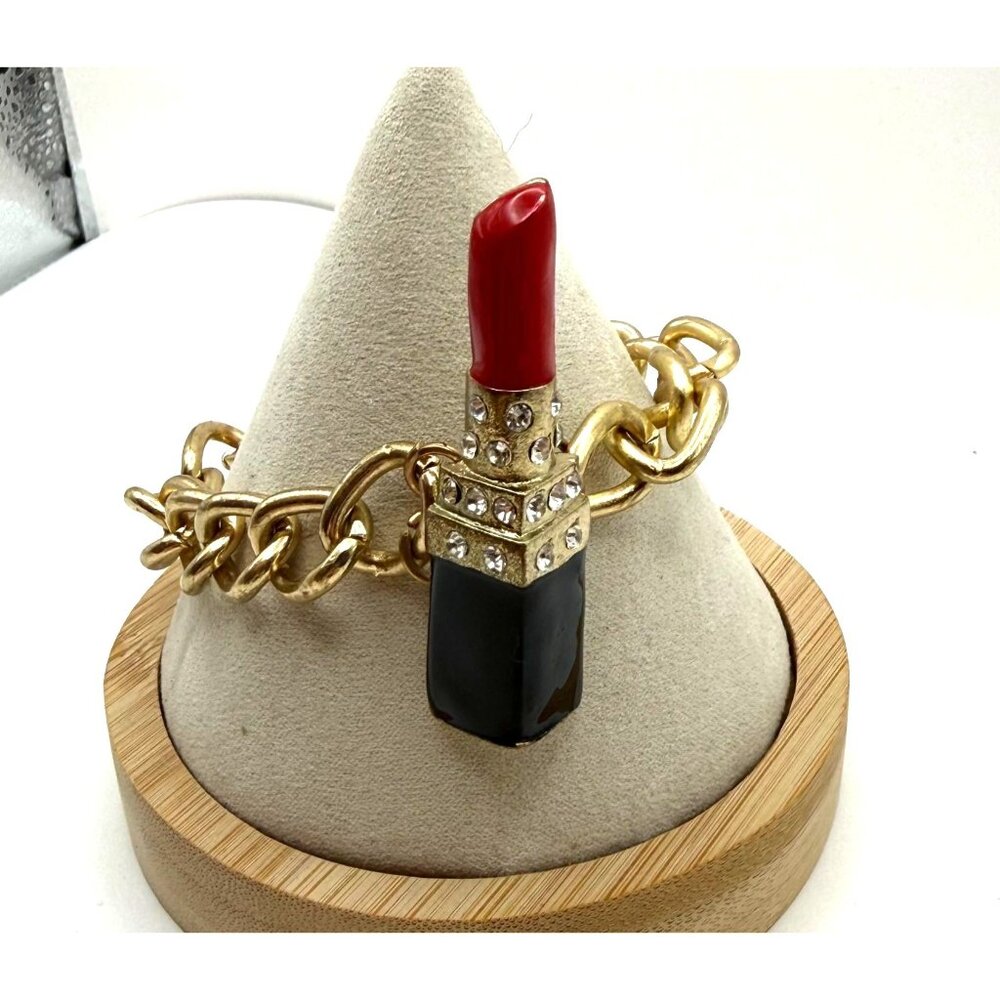 Gold Tone Lipstick Charm Bracelet Chunky Chain Statement Bracelet Red Black Rhin